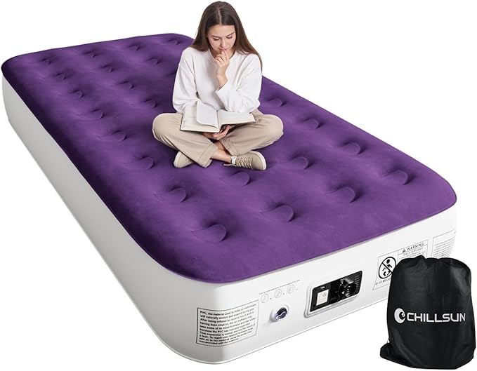 CHILLSUN Twin Air Mattress with Built-in Pump-2 Mins Quick Inflate/Deflate Double Height Blow Up Mattress for Camping,Home & Portable Travel - Adjustable Inflatable Mattresses,Durable Waterproof