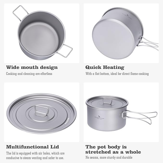 Boundless Voyage Titanium Pot Portable Camping Cookware Lightweight Cooking Pot Set for Outdoor Cooking Traveling Backpacking Hiking Trekking Picnic