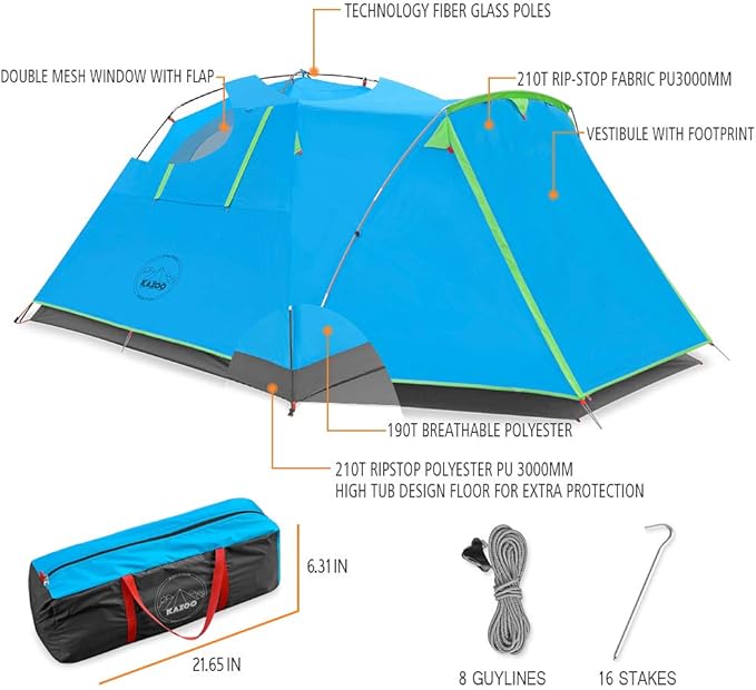 KAZOO 2／4 Person Camping Tent Outdoor Waterproof Family Large Tents 2/4 People Easy Setup Tent with Porch Double Layer