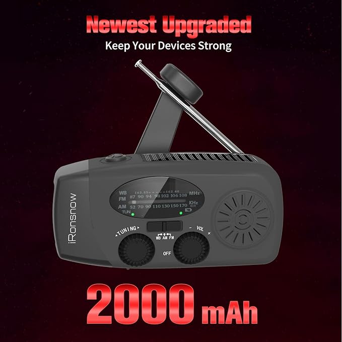 Solar Emergency NOAA Weather Radio Dynamo Hand Crank Self Powered AM FM WB Radios 3 LED Flashlight 2000mAh USB Smart Phone Charger Power SOS Alarm (Black)
