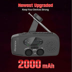 Solar Emergency NOAA Weather Radio Dynamo Hand Crank Self Powered AM FM WB Radios 3 LED Flashlight 2000mAh USB Smart Phone Charger Power SOS Alarm (Black)