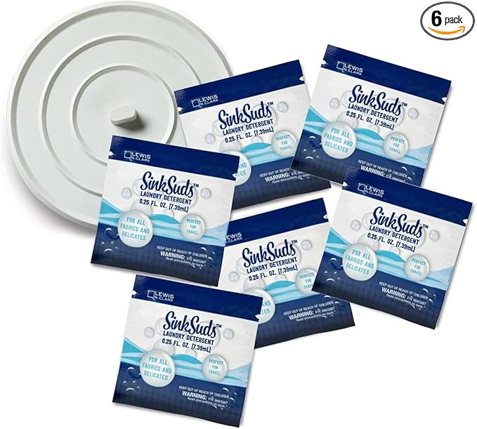 SinkSuds Laundry Detergent Travel Size Liquid Soap TSA Compliant Safe for All Fabrics 6 Packets & 1 Sink Stopper