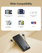 Portable Charger,Power Bank Built-in Cables and AC Wall Plug,VRURC USB C Portable Bank 10000mAh,Travel Essentials Phone Charger Compact Lightweight External Battery Pack for Smart Phones,Tablets-Black