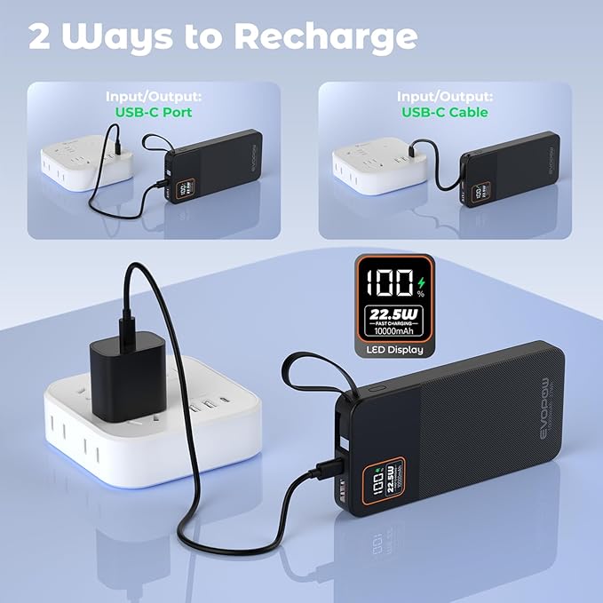 Portable Charger Power Bank, 10000mAh 22.5W Super Fast Charging Powerbank with Built-in USB C In&Out Cable, Slim External Battery Pack for iPhone 16/15/14/13/12/11 iPad Samsung S24 S23 Android (Black)