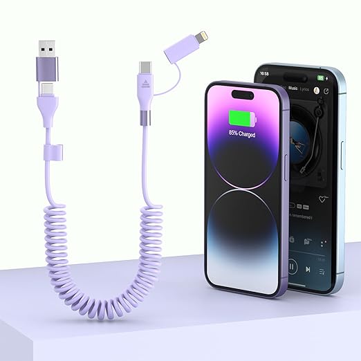 Coiled 4-in-1 USBA/Type C to USB-C/Lightning Cable Multi Combo for Apple Carplay& Android Auto,Purple 3A 60W Fast Charge & Data Sync Car Charger Cord for iPhone 15/14/13/12，Samsung Galaxy,Android-MFi