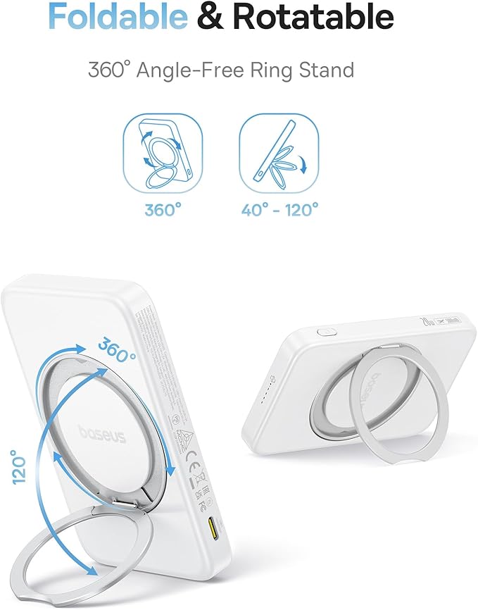 Baseus PicoGo Magnetic Power Bank, Qi2 Certified 15W Ultra-Fast Wireless Portable Charger with Stand, Ultra-Slim 5000mAh Battery Pack for iPhone 17 Pro Max 16/15/14/13/12