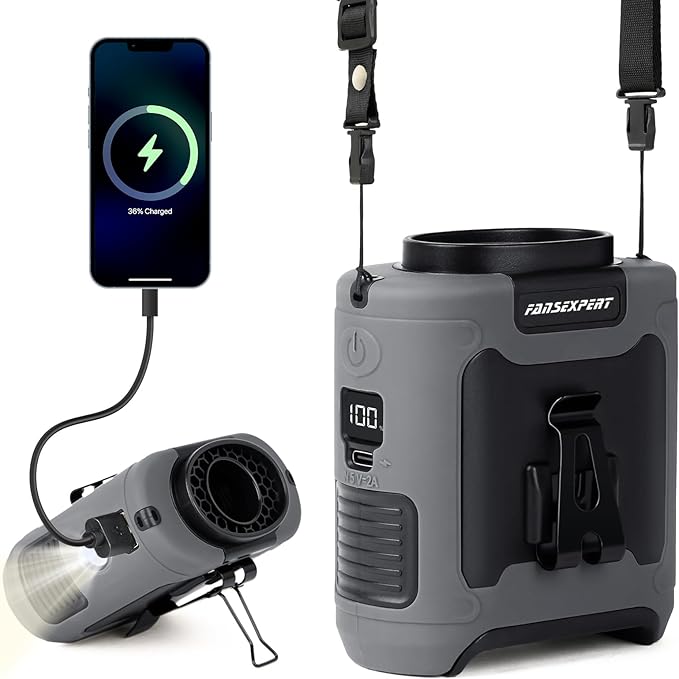 Portable Waist Fan Clip on, Personal Wearable Belt Fan 10000mAh Rechargeable Battery Under Shirt,5 Speeds with light, Neck Fan Hands-Free Cooling For Outdoor Camping Travel (Grey)