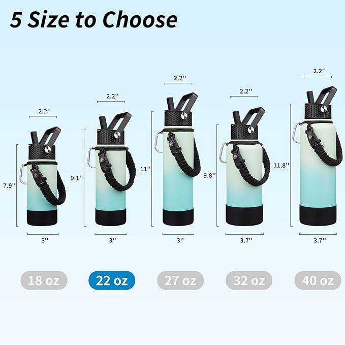 BJPKPK Insulated Water Bottle with Straw Lid, 22oz Thermo Water Bottles with 3 Lids, Paracord Handle & Non-slip Boot, BPA Free Leak Proof Stainless Steel Tumblers, Cups,Mint
