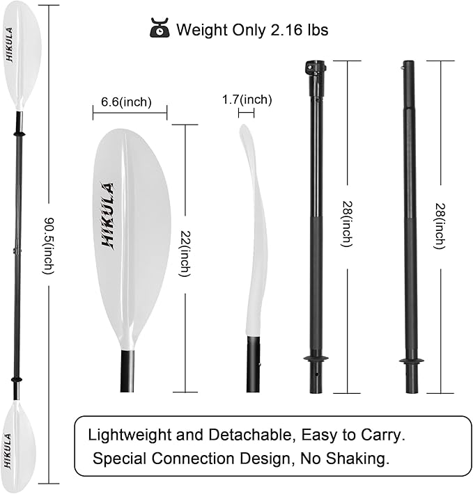 Kayak Paddle 4 Pieces Aluminum Shaft and PP Blade Floating 86.6in/220cm, 90.5inch/230cm Lightweight Oars