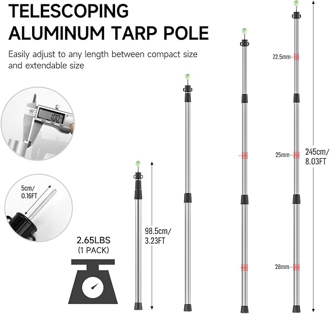 SANLIKE Telescoping Tarp Poles Tent Poles, 96" Aluminum Canopy Poles Extendable Pole for Awning Shelter Camping Hiking Backpacking, Luminous Tip Cap Design, Set of 2, Silvery