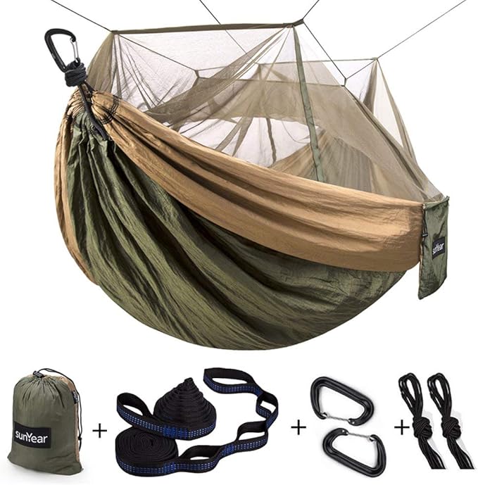 Sunyear Camping Hammock, Portable Single & Double Hammock with Net, 2 Person Hammock Tent with 2 * 10ft Straps, Best for Outdoor Hiking Survival Travel