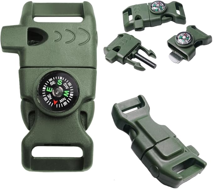 10Pack 5/8" Compass Whistle Buckle Plastic Paracord Bracelet Outdoor Camping Emergency Survival Travel Kits (MilitaryGreen)
