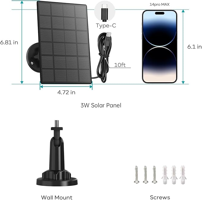 ZUMIMALL 3W Solar Panel for Outdoor Camera Wireless Camera,X2/X1/F5, IP66 Waterproof Solar Panel with 10Ft Type C Charge Cable, Power Supply for Security Camera（Type C Port）