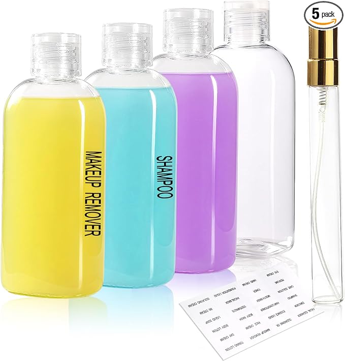 Travel Bottles for Toiletries, 100ml/3.4 fl oz Squeezable Refillable Clear Leakproof PET Travel Containers Bottles Perfume Bottle with Flip Cap for Men and Women (5)