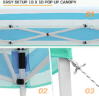 EAGLE PEAK 10x10 Slant Leg Pop-up Canopy Tent Easy One Person Setup Instant Outdoor Beach Canopy Folding Portable Sports Shelter 10x10 Base 8x8 Top (Green Blue Stripe)