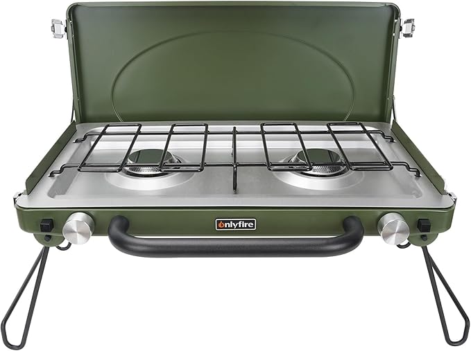 ONLYFIRE Portable Camping Stove 2-Burner, Propane Camp Stove with Foldable Legs, Camping Grill Stove with Adjustable Burners, Heavy-Duty Latch & Handle for Camping Tailgating RV BBQ, Green