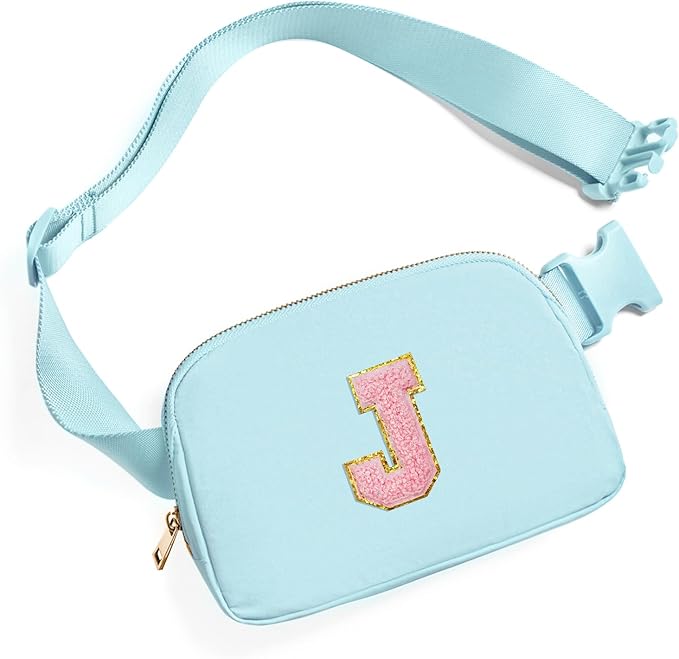Gitus Gifts for 7 8 9 10 11 Year Old Girls Belt Bag Fanny Pack Crossbody Bags with Initial Letter Patch Birthday Gifts for Daughter Sister Friends Teen girls (Icing Blue-J)