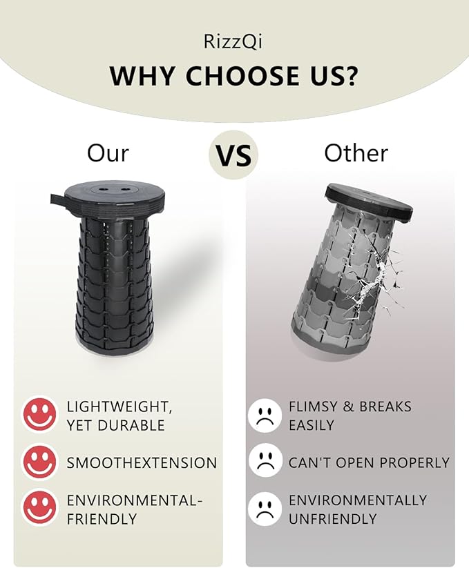 Upgraded Foldable Thickened Collapsible Stool, Portable Folding Seat, Adjustable Height Retractable, Suitable for Fishing, Hiking, Camping, BBQ, Party, Outdoor (Black)