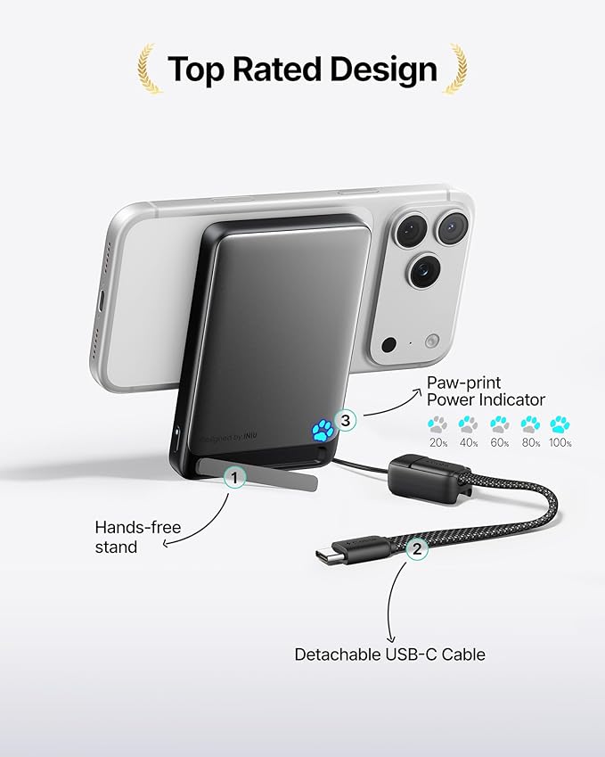 INIU for MagSafe Portable Charger, Original Qi2 Certified Wireless Fast Charging, Slimmest 10000mAh 45W Power Bank with USB C Cable&Stand, TSA Travel Battery Pack for iPhone 17-12 Series, White