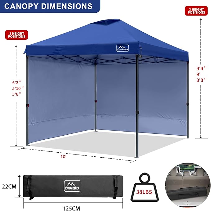 KAMPKEEPER 10x10 Pop Up Canopy Tent with 2 Sidewalls, Beach Tent - Easy Outdoor Sun Shade for Events, Parties, Camping - Gazebo with 4 Weight Bags & Carry Bag.（Navy Blue）