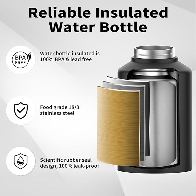 WATERSY Half Gallon Water Bottle Insulated(Cold for 48 Hrs),BPA Free&Leak Proof,64oz Stainless Steel Water Jug/Flask,Big thermo,Large Water Bottle with Handle for Gym,Hiking,Camping,Black