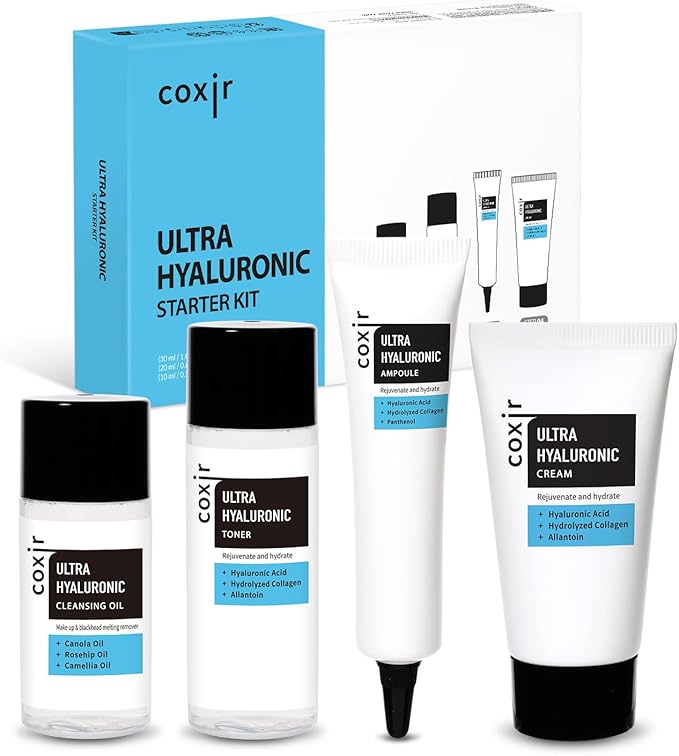 coxir Ultra Hyaluronic Holiday Gift Set – Cleansing Oil + Toner + Ampoule + Cream |Mini Skincare Kit, Travel-Size Korean Skincare Set, Hydrating Routine