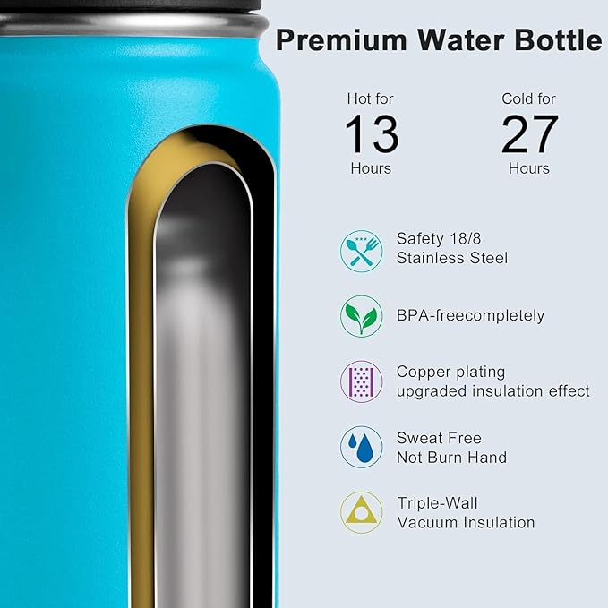 koodee Insulated Water Bottle, 22 oz Stainless Steel Double Wall Vacuum Wide Mouth Sport Bottle with Leakproof Spout Lid (Sky Blue)