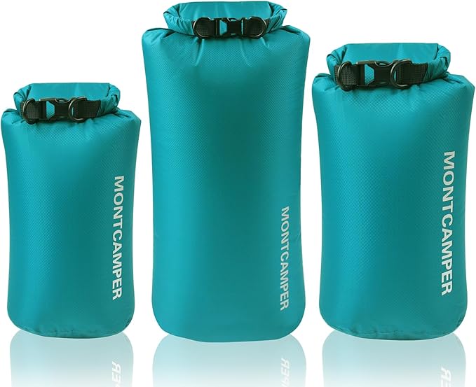 3-pack 30D Nylon Waterproof Dry Bag-Portable Waterproof Storage Sack for Kayaking, Hiking and Rafting-Roll Top Closure-Float on Water(5L/10L/20L,Turquoise blue)