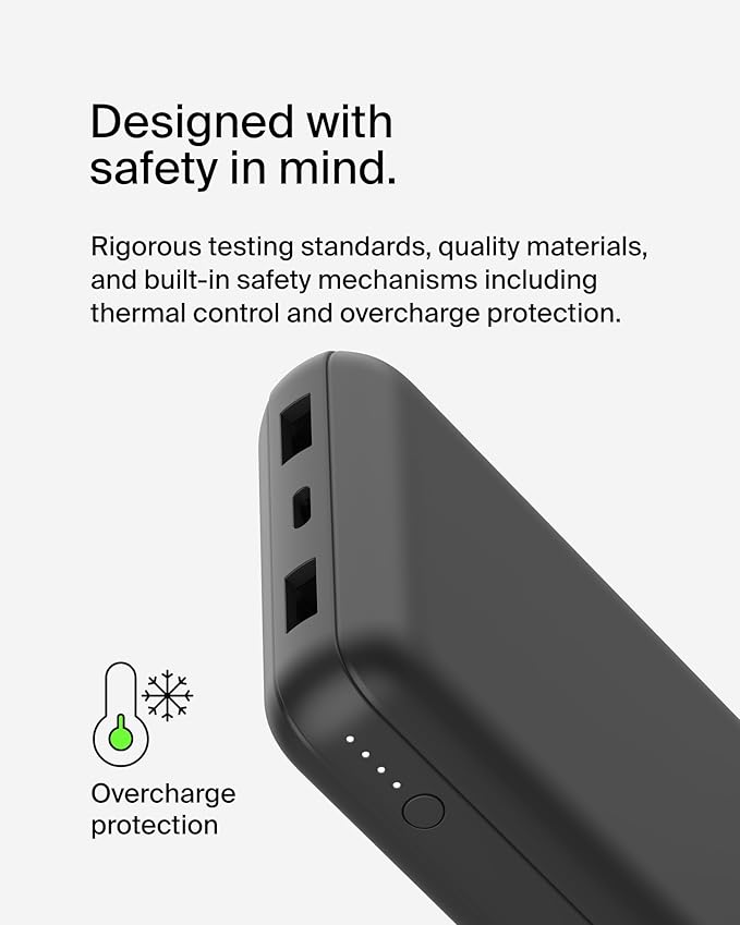 Belkin Portable Charger, USB-C Power Bank 20000 mAh w/ 2 USB-A Ports, 15W w/ Type-A to Type-C Cable - iPhone 17, Air, Pro, Pro Max, AirPods, Apple Watch, Samsung Galaxy S25, Google Pixel 10 - Black
