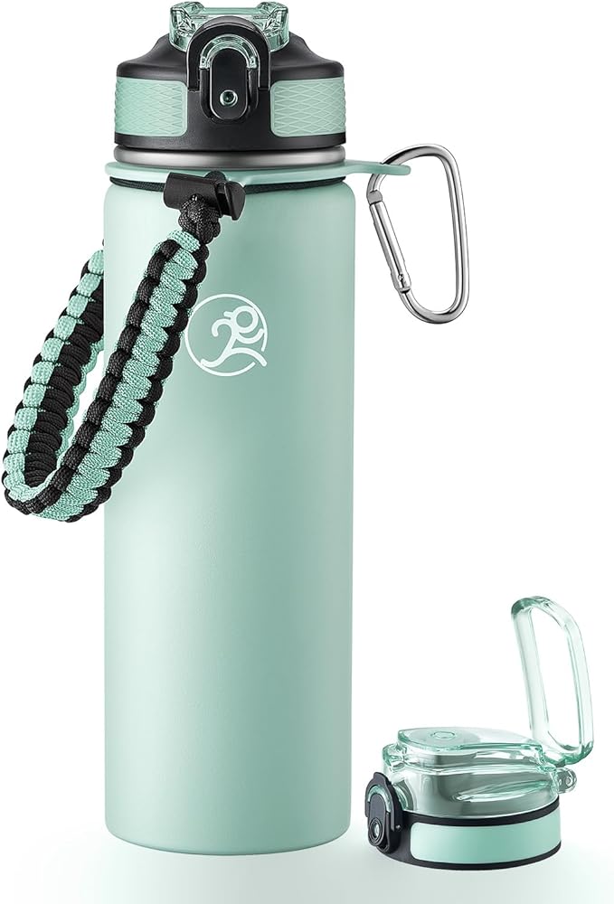 GOSWAG Insulated Sports Water Bottle, 24oz 2 Lids(with Straw/No Straw), Stainless Steel Water Bottles with Paracord Handle, Insulated Bottle with Double-Wall Vacuum Insulation