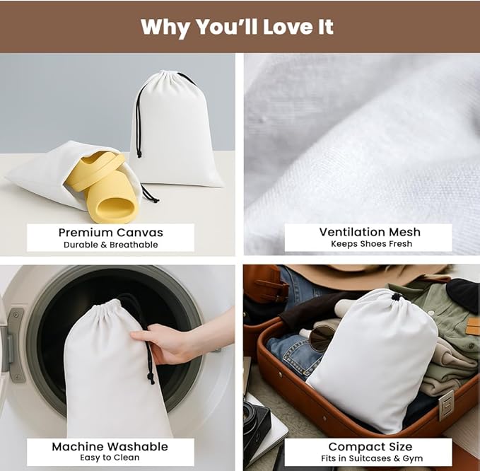 LFH Cotton Rich Shoe Storage Bags with Drawstring, Dustproof Breathable Reusable Organizer, Perfect For Travel, Dorm, Hotel, College, Gym, Easy to Carry, Machine Washable 8"x17" (Pack of 6) - White