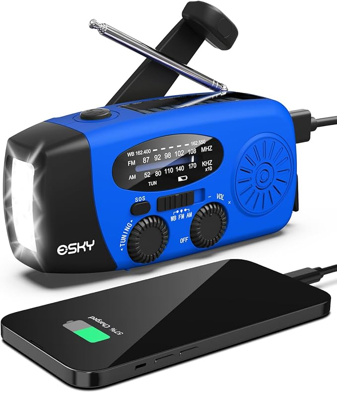 Esky Emergency Hand Crank Radio with 3 LED Flashlight, AM/FM/NOAA Portable Weather Radio with 2000mAh Power Bank Phone Charger, Solar Powered USB Rechargeable Radio for Indoor Outdoor Camping, Blue