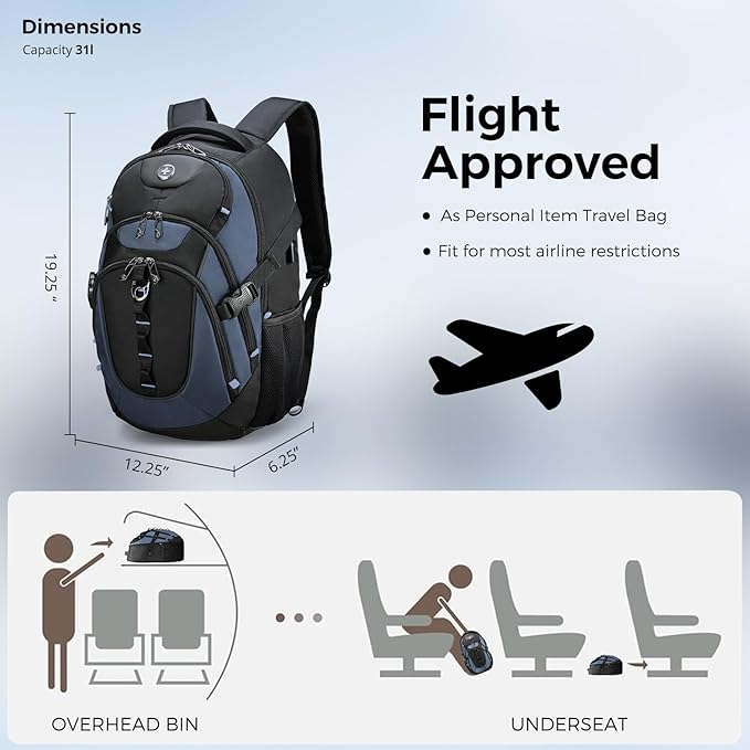 Swissdigital Design Laptop Backpack, Travel Backpack with USB Charging Port Fits 15.6 inches Computer, 31L College School Bookbag for Men,Haze Blue/Black | SD803-16