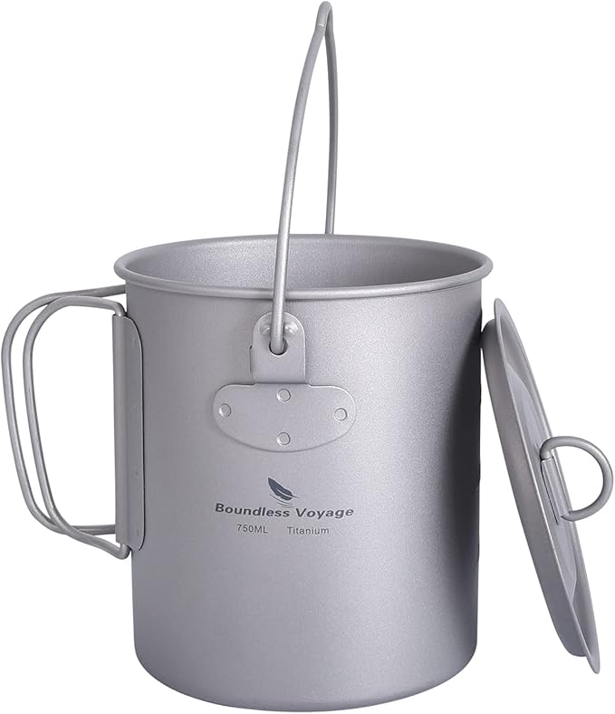 iBasingo 750ml Titanium Mug Camping Hanging Pot with Lid Ultralight Outdoor Travel Tea Coffee Water Cup Portable Hiking Picnic Backpacking Cooking Kit with Foldable Handle Ti3038D