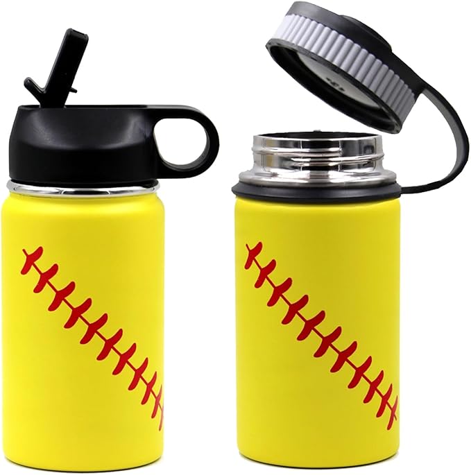 12 oz Softball Water Bottle, Sports Cup Flask Metal Travel Mug with 2 Lids, Stainless Steel Double Wall Vacuum Insulated Leak Proof Water Bottles, Softball Accessories Stuff Gifts for Boys Girls Fans