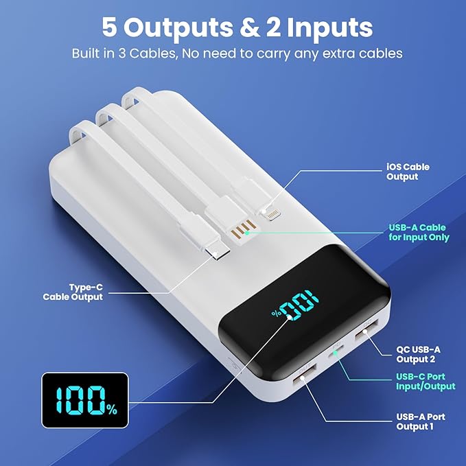 Portable Charger 40800mAh with 3 Built-in Cables,PD 25W USB C in&Out Power Bank Fast Phone Charging,QC4.0 LED Display 5 Outputs External Battery Pack Compatible with iPhone 16/15,Samsung Android-White