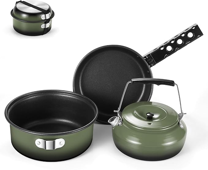 Odoland 5pcs Camping Cookware Non-Stick Camping Pot and Pan Set with Kettle and Removable Handle for Hiking Backpacking and Picnic