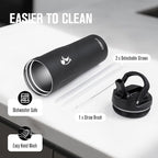 Coolflask Water Bottle 32 oz Fits Car Cup Holder, Slim Tumbler Stainless Steel with Straw & Handle, Vacuum Flask Leakproof Wide Mouth for Travel Sports Gym, Black