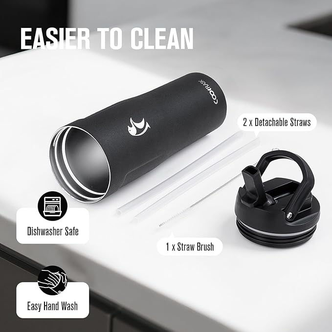 Coolflask Water Bottle 32 oz Fits Car Cup Holder, Slim Tumbler Stainless Steel with Straw & Handle, Vacuum Flask Leakproof Wide Mouth for Travel Sports Gym, Black