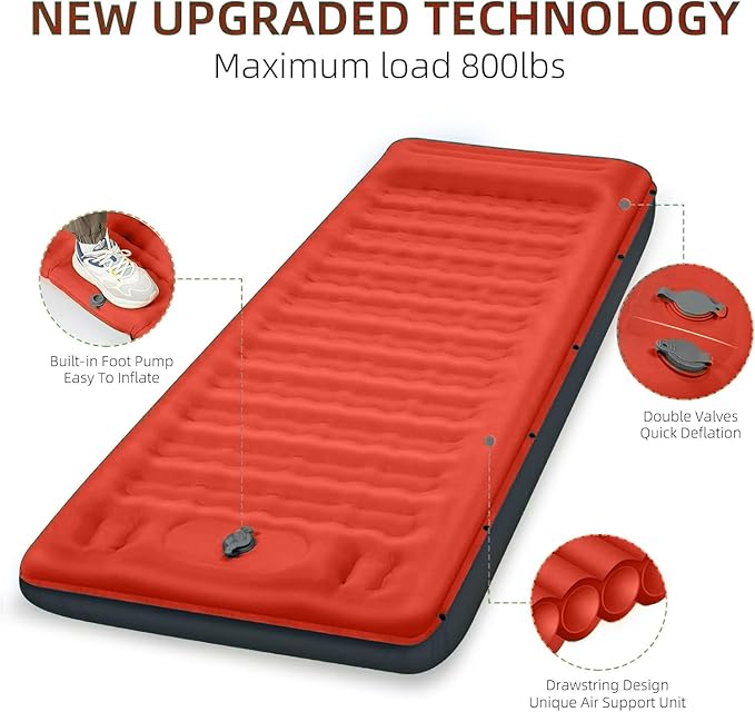 Double Sleeping Pad Camping, Self Inflating 6'' Extra-Thick 2 Person Pillow Built-in Foot Pump Waterproof Inflatable Sleeping Mat Backpacking, Tent, Hiking, Portable Camping Pad