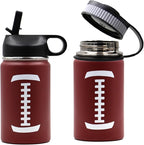 12 oz Football Water Bottle, Sports Cup Flask Metal Thermal Travel Mug with 2 Lids, Stainless Steel Double Wall Vacuum Insulated Leak Proof Water Bottles, Football Accessories Gifts for Mom Boys Girls
