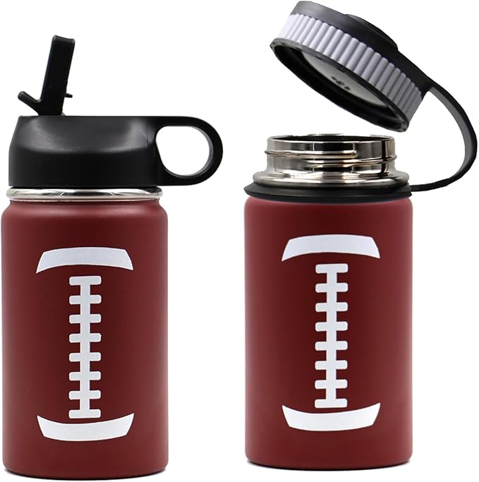 12 oz Football Water Bottle, Sports Cup Flask Metal Thermal Travel Mug with 2 Lids, Stainless Steel Double Wall Vacuum Insulated Leak Proof Water Bottles, Football Accessories Gifts for Mom Boys Girls