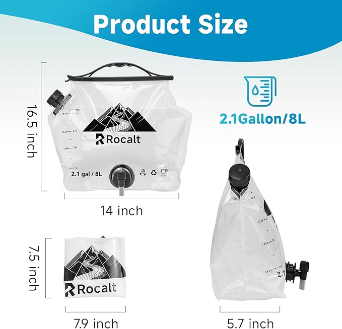 Rocalt 2 Pack Collapsible Water Bag, 2.1Gallon Water Storage Bag, BPA Free Emergency Drinking Camping Water Container for Hiking, Travel, Survival & Outdoor