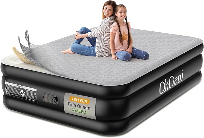 OhGeni 18" Luxury Full Air Mattress with Built-in Pump, Inflatable Bed with Silk Foam Topper for Superior Comfort, Premium Blow-Up Mattress for Home, Camping & Guests, Easy Setup, Extra Support, Black