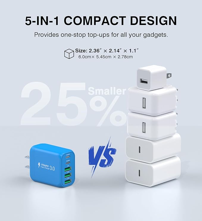 2-Pack USB C Wall Charger Block,50W 5-Port C Charger Fast Charging Block PD Power Adapter +QC 3.0 Multiport Type C Box Charger Cube USB A Wall Plug for iPhone 16/15/14/13 Pro Max,Samsung Galaxy(Blue)