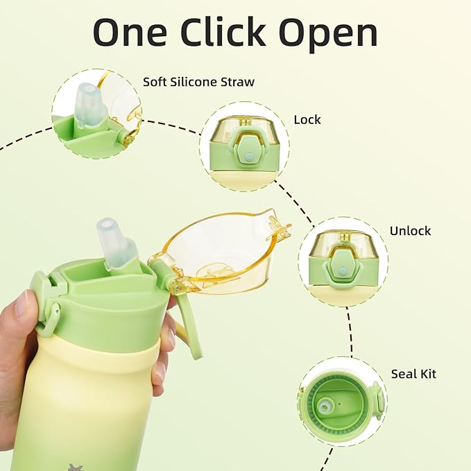 BJPKPK Water Bottle With Straw 14oz Insulated Water Bottles Reusable Stainless Steel Metal Thermo With Leak Proof Lockable Lid And Carry Handle,Lime