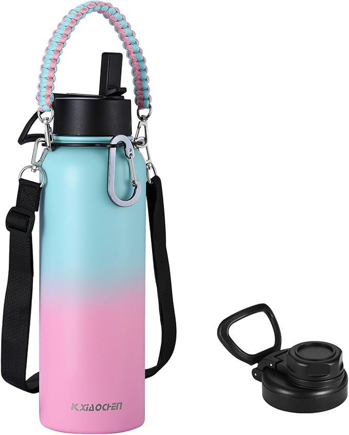 KXIAOCHEN Insulated Water Bottle, Stainless Steel Water Bottle, 2 Lids (Straw and Handle Lid),Wide Mouth Metal Water Bottles Keep Hot and Cold, Double Walled, Thermo Mug, Metal Canteen