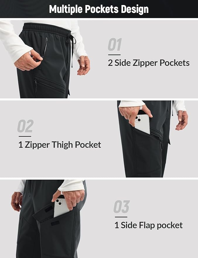 baleaf Men's Fleece Lined Hiking Cargo Pants Softshell Water Resistant Snow Thermal Pants Winter Insulate with Zipper Pocket