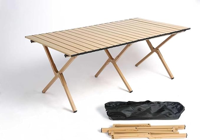 48Inch Folding Camping Table, Lightweight Roll-Up Table Aluminum Low Portable Picnic Table with Carrying Bag for Outdoor, Beach, Picnic, Backyards, BBQ and Party, Log Color