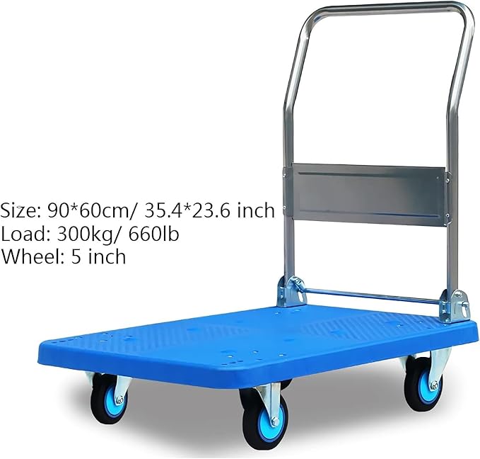 Heavy Duty Flatbed Hand Cart with Mute Wheels Foldable Metal Handle Ideal for Baggage Books Moving - Plastic Platform Trolley for Easy Transport (300-MuteTone)